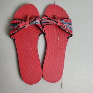 Havaianas Flip Flops Beach Thong Sandals Fabric Woven Strap Pink Womens Sz 11/12